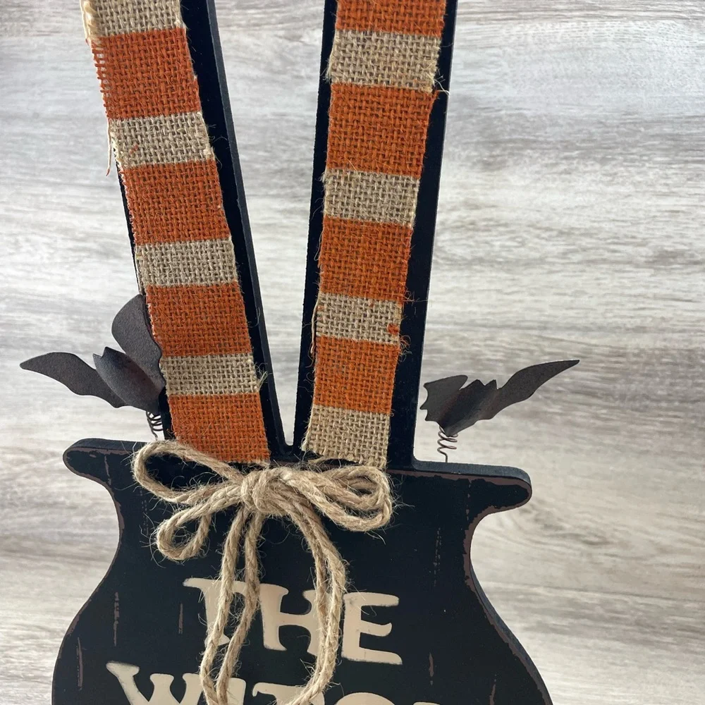 Halloween Decor Wooden Floor Sign The Witch Is In Flying Bats Legs Cauldron 23”